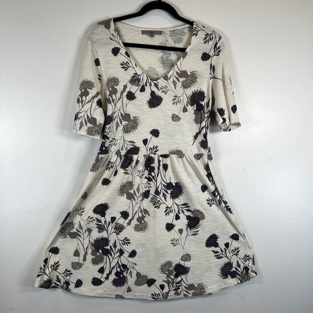 NEXT 100% Cotton Ivory and Brown Floral Dress US 8/10 UK 12 EURO 40 Short Sleeve